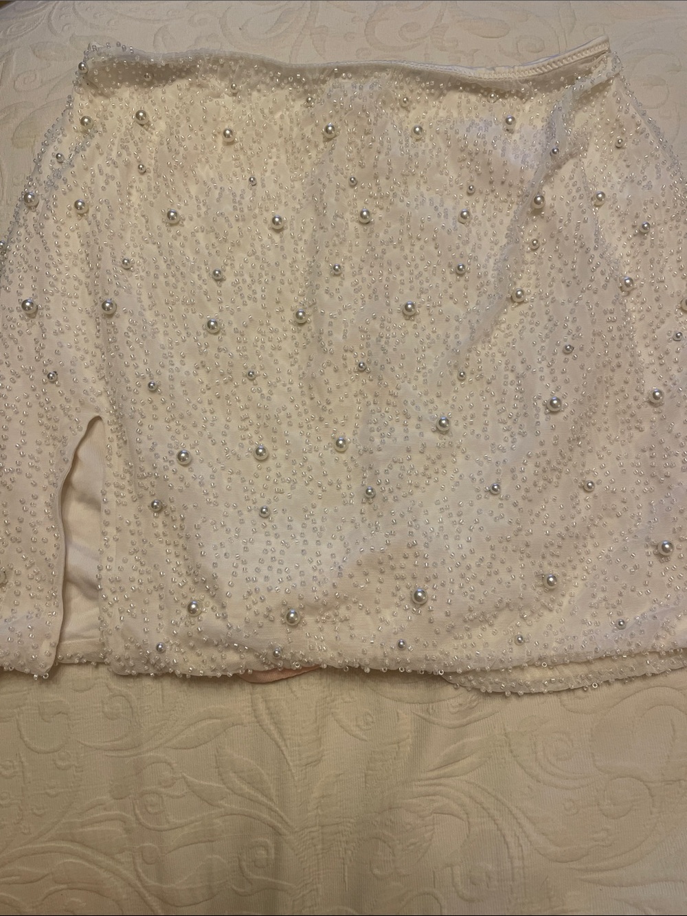 Oh Polly Cream Pearl & Bead Embellished Mini Skirt